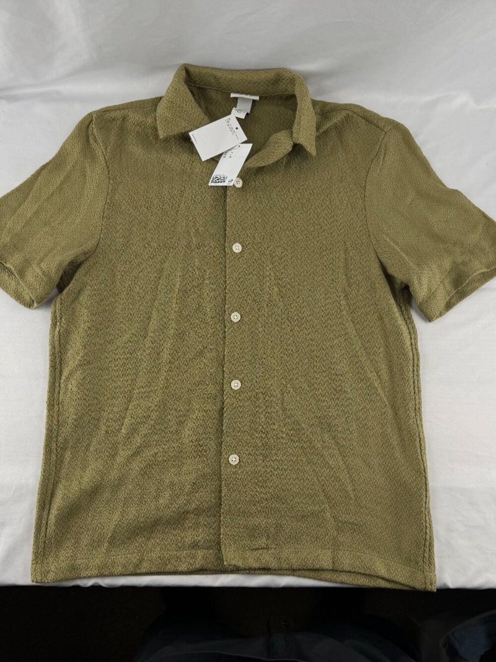 H&M Men's Green Textured Knit Short Sleeve Button Up Polo Shirt Size S